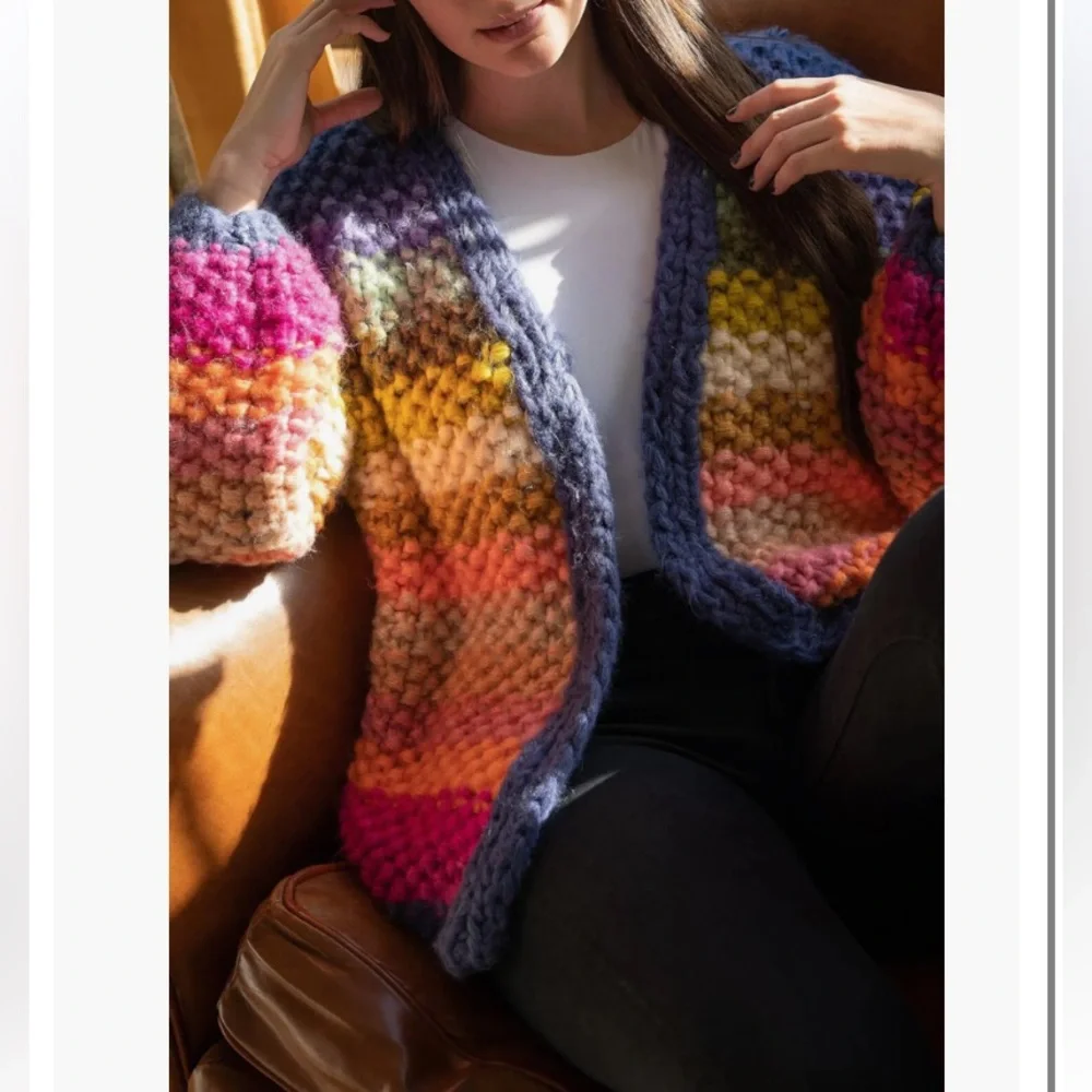 SAACHI Multicolor Chunky Knit Striped Cardigan - Blue, Pink, Yellow - Picture 5 of 13